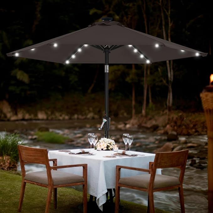 MASTERCANOPY 7.5FT 6Ribs Patio Umbrella with 32 Solar LED Lights, Outdoor Market Umbrella with Tilt & Crank, UV Protection & Fade Resistant Fabric, Easy Set-Up for Garden, Deck, Pool (Brown)