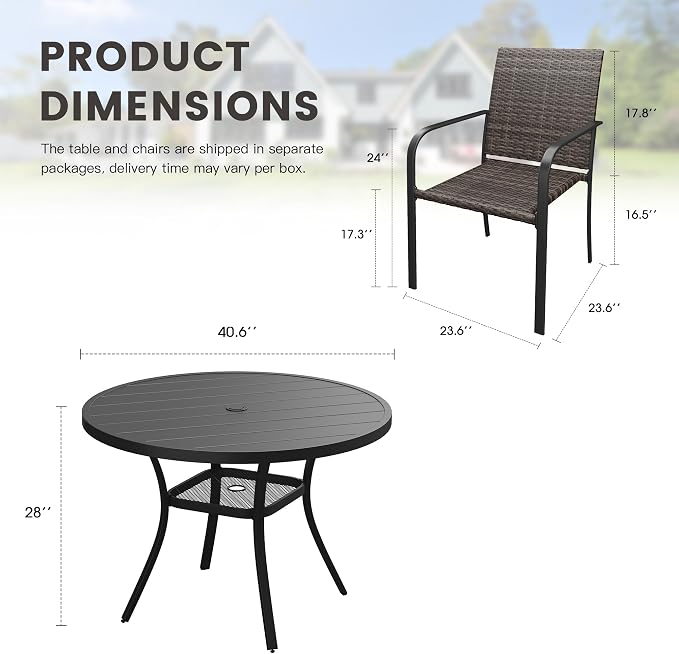 Outdoor Dining Set for 4, 40.6" Metal Round Outdoor Dining Table with Umbrella Hole and Wicker Stackable Patio Chairs, 5 Pieces Patio Table and Chairs Set for Garden Backyard, Black