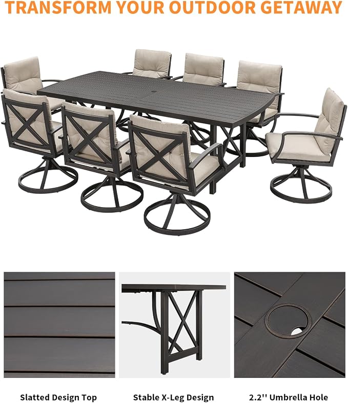 9 Pieces Patio Dining Set for 8, Never Rusts Aluminum Outdoor Swivel Dining Set, Outdoor Dining Set with Cushions, Patio Table and Chairs Furniture Sets for Deck, Garden, Yard, Gunmetal