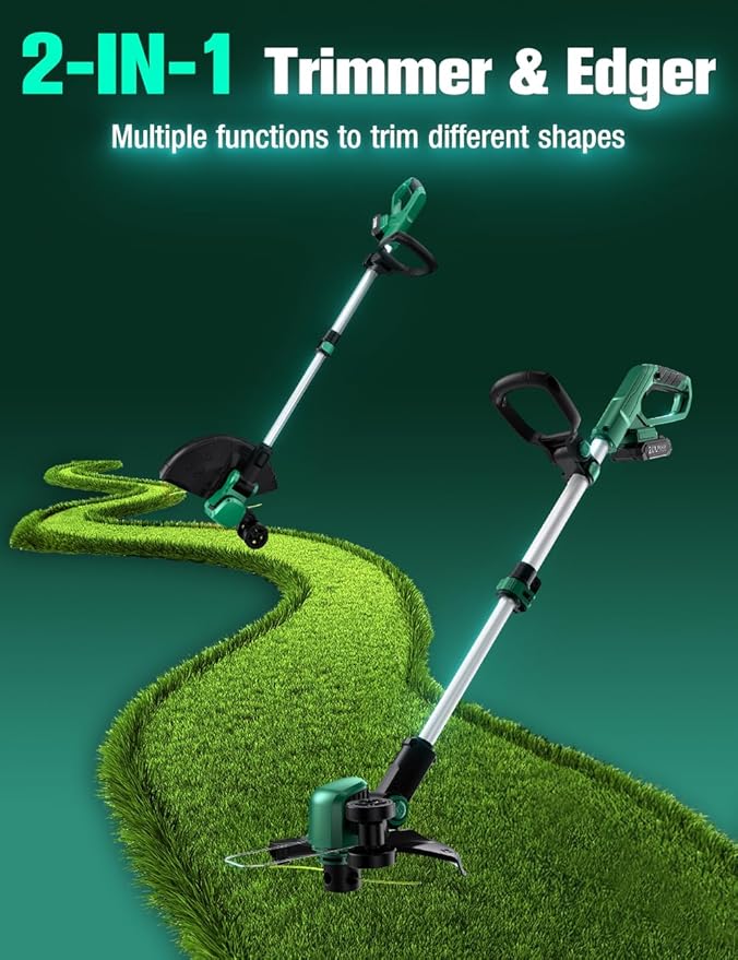 KIMO Cordless Weed Wacker Battery Operated w/ 2 x 2.0Ah Batteries, 12" Weed Eater w/10Pcs Dual-Sided Cutting Lines & Rapid Reload, 2-in-1 String Trimmer & Edger with Wheels, 20V Grass Trimmer for Lawn