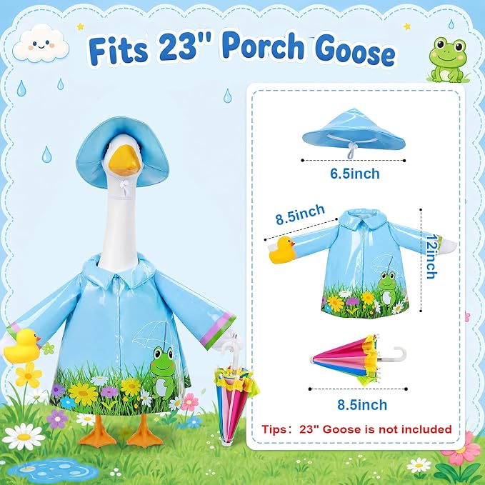 GJL Porch Goose Raincoat Outfit Fits 23 Inch Plastic Cement Goose Statue, Lawn Goose Clothes Set with Umbrella and Hat for Spring Summer Outdoor Yard Garden Decor (Blue-01)