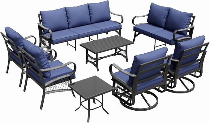 8 Piece Patio Furniture Set, 9 Seat Metal Outdoor Sectional Sofa Set with 2 Swivel Chairs, Patio Conversation Set with Thick Cushions and Coffee Table for Garden, Porch, Lawn, Blue