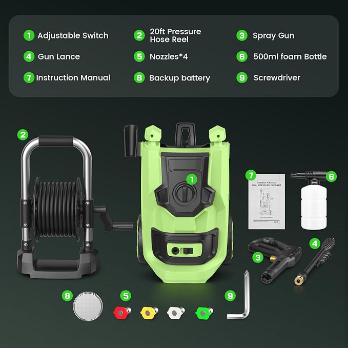Electirc Pressure Washer 5000 PSI with 3 Levels Adjustable Pressure Gun, Portable Pull-Handle, 4 Nozzles and Foam Cannon, Heavy Duty Pressure Cleaner for Home/Car/Fence/Garden, Green