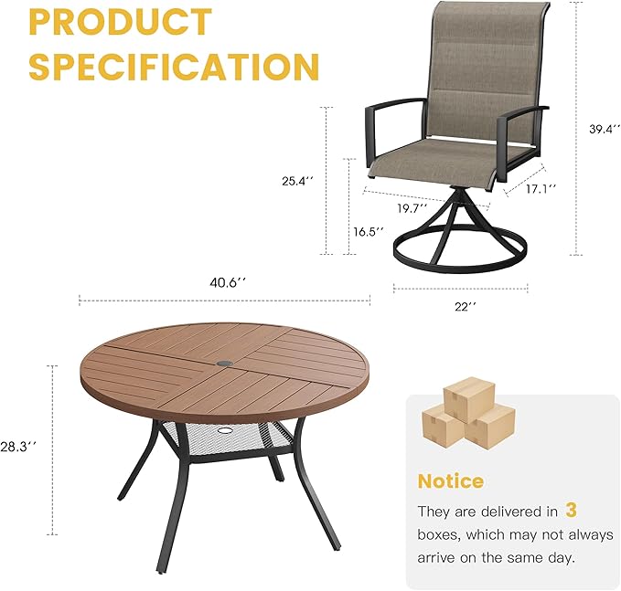 VICLLAX Patio Dining Set for 4, 4 Seats Outdoor Furniture Includes 40.7" Round Patio Table and Swivel Padded Chairs, Walnut Tabletop and Mixed Brown Fabric