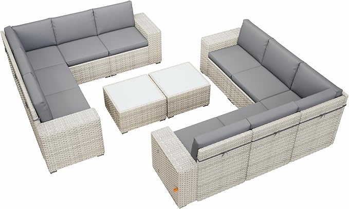 12 Piece Patio Furniture Set, 8" Wide Arm Sectional Sofa Set with Coffee Table, High-Back All-Weather Rattan Outdoor Conversation Set for Garden, Porch, Lawn, Gray