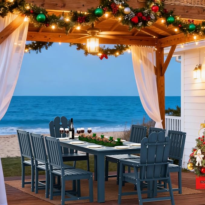 9 Piece HDPE Patio Dining Set for 8, Outdoor Furniture,Navy | 75.2” table,8 person outdoor table and chairs set, fade resistant HDPE, strong structure built for backyard entertaining