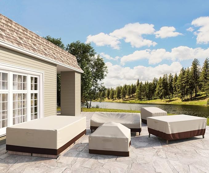 Tuyeho Patio Furniture Cover 74 x 48 x 28 inch, Durable Heavy Duty Oxford Fabric Outdoor Rectangular Table Cover , Waterproof & Weather Resistant for Your Coffee Table and Chairs (Beige & Brown)