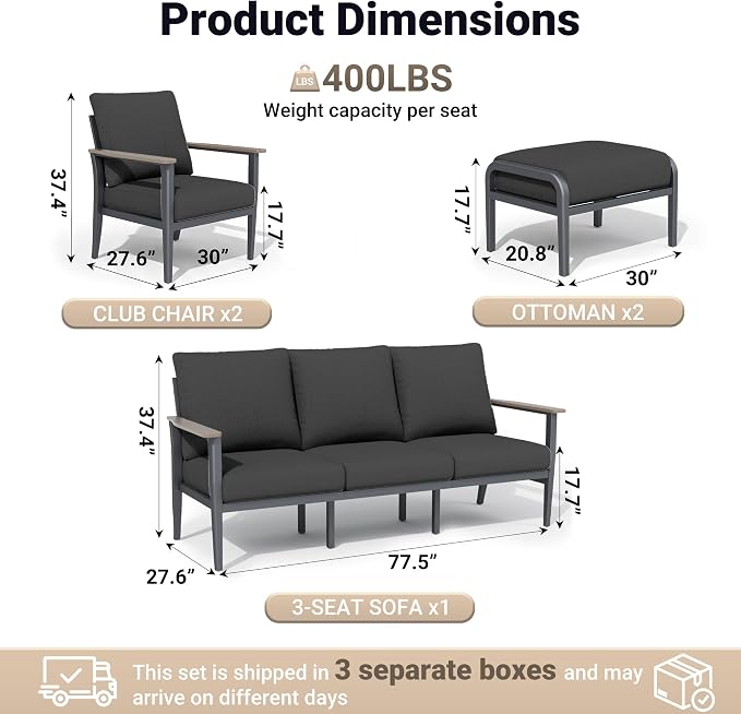 Aluminum Outdoor Patio Furniture Set, 5-Piece Outdoor Sofa with 5.1" Thick Cushions, Outdoor Couch with Ottomans, for Balcony, Porch, Black