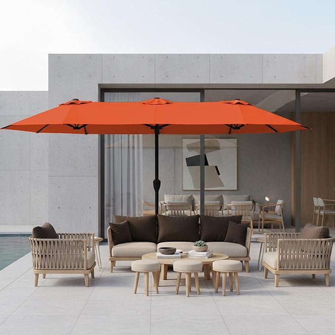 15FT Large Patio Umbrella with Base, Double Sided Rectangular Outdoor Umbrella with Sturdy Fiberglass Ribs, UPF 50+ Sun Protection, Wind-Resistant, Waterproof Fade-Resistant Fabric for Pool, Garden, Backyard, Deck(Orange)