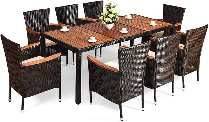 Tangkula 9 Piece Outdoor Dining Set, Garden Patio Wicker Set w/Cushions, Furniture with Acacia Wood Table and Stackable Armrest Chairs