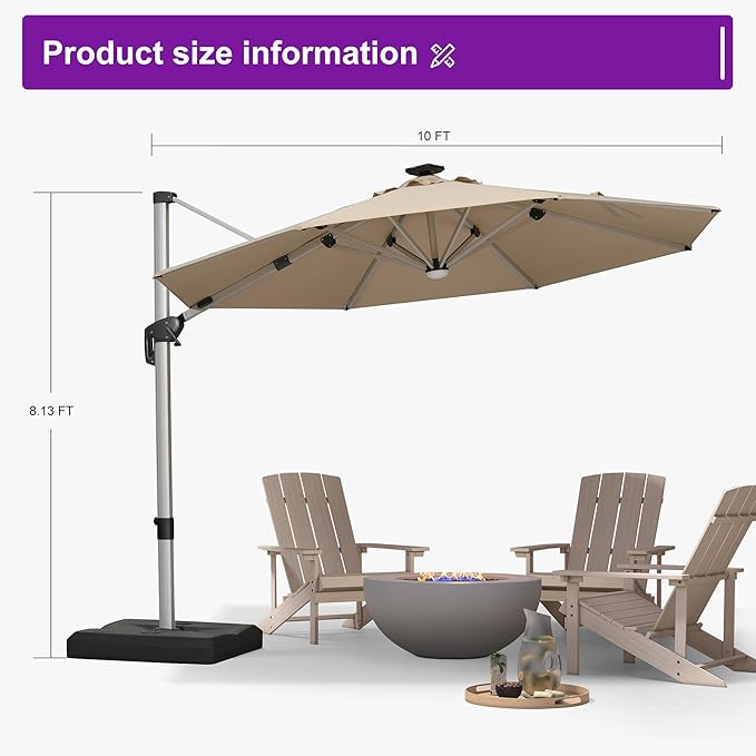 PURPLE LEAF 10ft Patio Umbrella with Lights Outdoor Round Cantilever Solar Powered LED Umbrella with 360-degree Rotation for Garden Deck Pool Patio, Beige