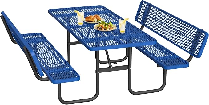 79" Rectangular Metal Picnic Table with Backrest, 1.73" Umbrella Hole, Heavy-Duty Rust & Heat Resistant Steel Mesh Table Set, Smooth Rounded Corner Design for Yard, Park, Beach & BBQ, Blue