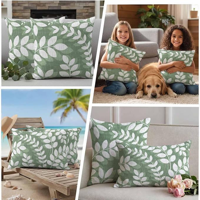Green Leaves Outdoor Waterproof Throw Pillow Covers 26x26 Set of 2, Farmhouse Botanical Branch Vintage Boho Leaf Decorative Pillowcases Cushion Pillowcase for Couch Sofa Patio Outside Pillow Protector