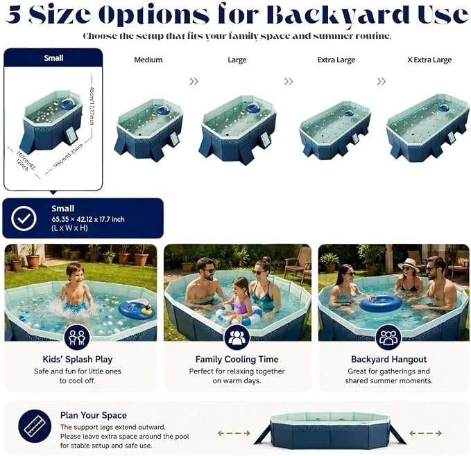 Large Foldable Pool, Non Inflatable Pool with 4-Layer Composite PVC, Sturdy Triangular Support Boards, Double Drains, Foldable Outdoor Pool for Backyard Kids & Adults, 5 Sizes