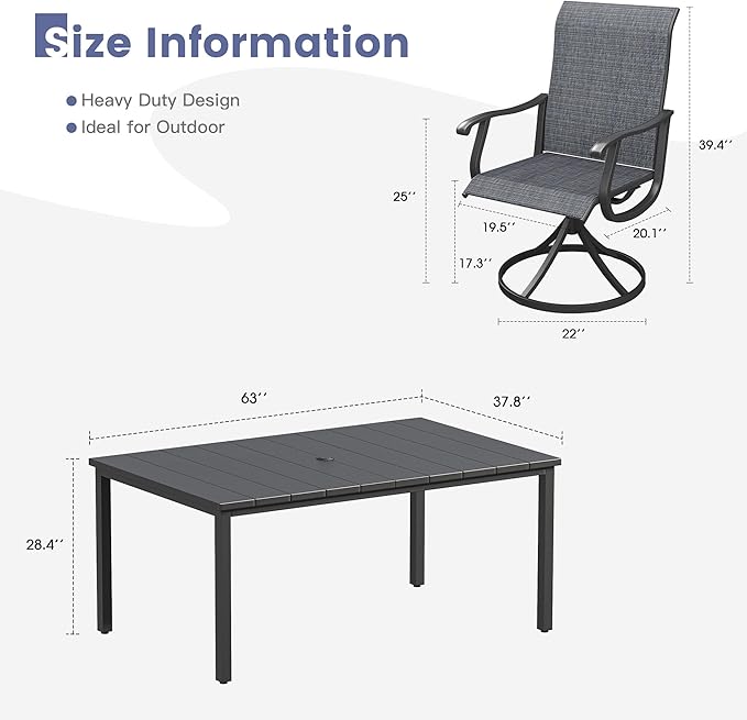 VICLLAX 7 Pieces Patio Dining Set, Patio Furniture Set of 6 Patio Swivel Dining Chairs and Rectangular Patio Table, Dark Charcoal Chairs & Black Tabletop
