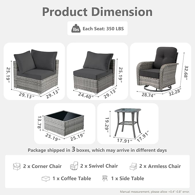Wicker Patio Furniture Set, 8 Pieces Outdoor Sectional Sets with 6 Seats, Rattan Conversation Set with Swivel Chairs for Garden and Backyard, l Shape Couch Set