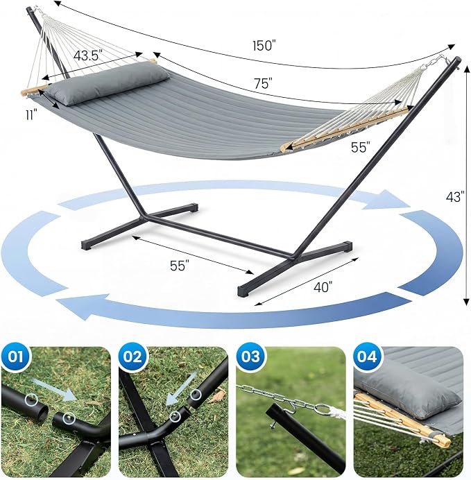 ANAGOO Double Hammock with Stand – Portable Cotton Rope Hammock with Removable Quilted Pad & Pillow, Adjustable Steel Frame for Patio, Backyard, Garden, Park, Camping & Outdoor Relaxation – Gray