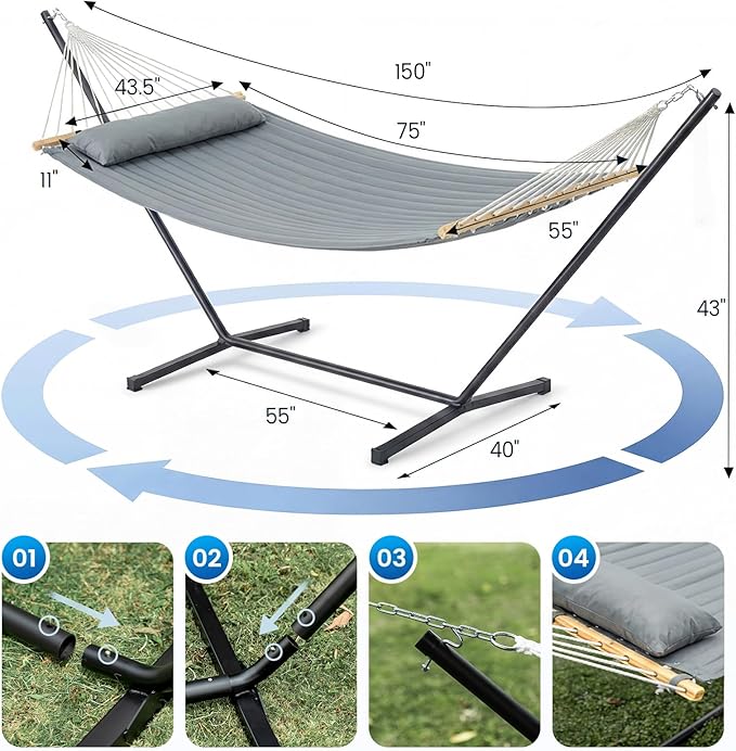 Double Hammock with Stand – Portable Cotton Rope Hammock with Removable Quilted Pad & Pillow, Adjustable Steel Frame for Patio, Backyard, Garden, Park, Camping & Outdoor Relaxation – Gray