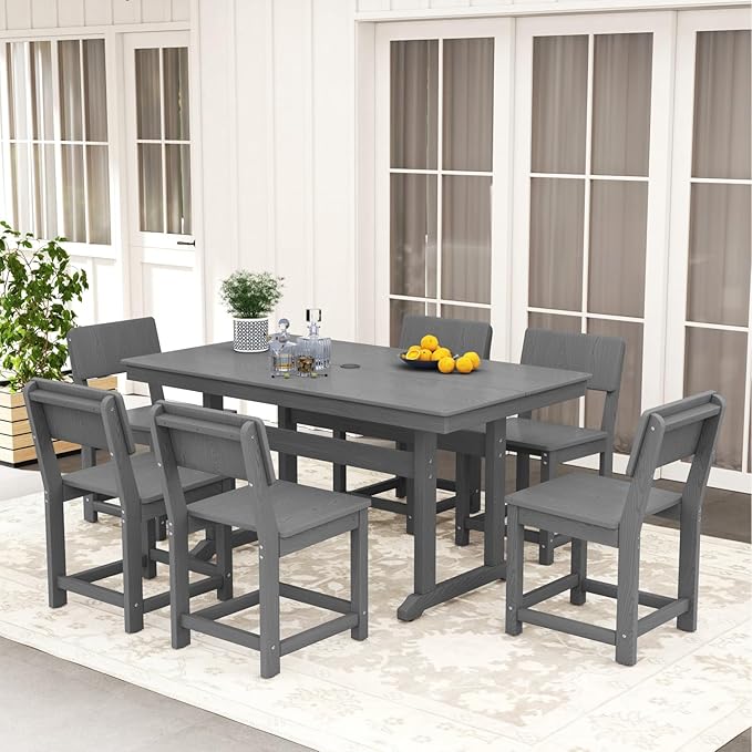 7-Piece HDPE Outdoor Patio Dining Set,Modern Plastic Dining Sets,Patio Table and Chairs Set with Umbrella Hole Cut-Out Table and 6 Chairs Gray