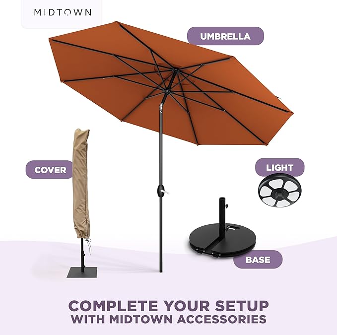 Midtown Umbrellas - 10-Year-No-Fade 9 Ft Patio Umbrella with Terylast Fabric, Auto-Tilt Aluminum Frame and 8 Reinforced Ribs for Deck, Pool, Garden & Beach - Dark Orange Canopy, Black Pole