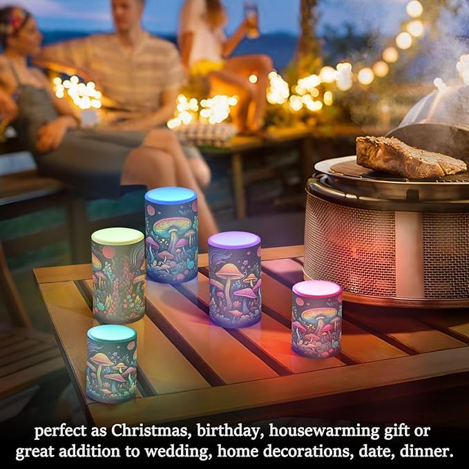 Doodle Colourful Fantasy Mushroom Flameless Candles Color Changing LED Candles with Remote Control Battery Candles for Outdoor and Indoor Home and Room Decoration, 3'' x 4''/5'' Set of 2 Pieces