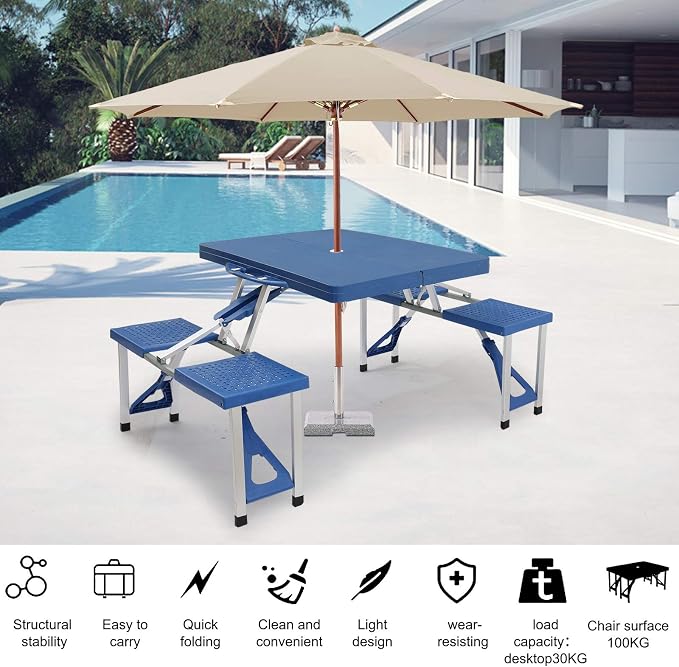 4FT Portable Folding Camping Picnic Table with Seats Chairs and Umbrella Hole, Lightweight Compact Aluminum Outdoor Camping Patio Fold Up Card Suitcase Table with Carry Handle