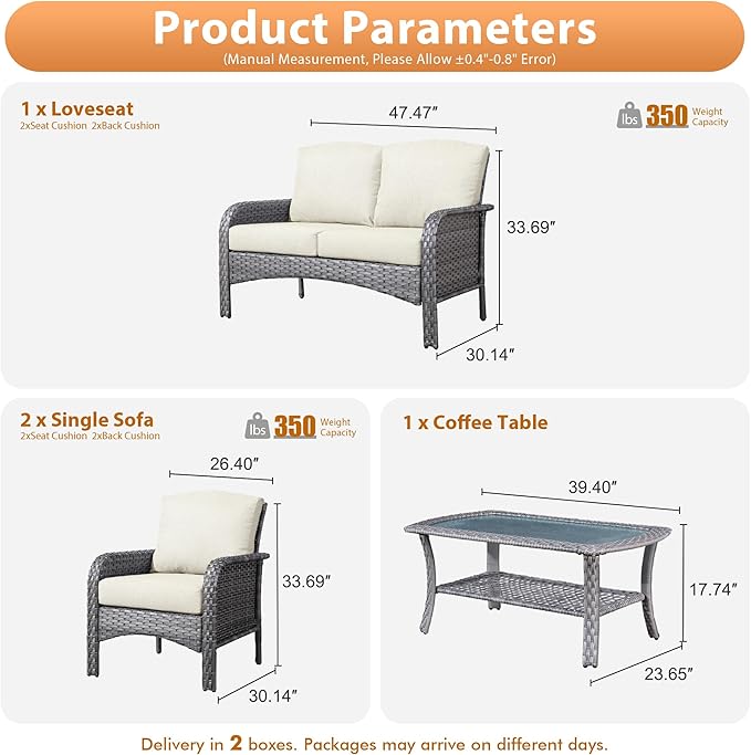 4 PCS Outdoor Patio Furniture Set with Glass Table, All-Weather Rattan Wicker Outdoor Conversation Set with Thickened Cushions for Balcony Backyard Garden Lawn,Beige