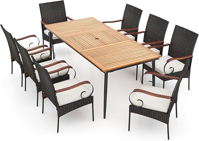 Tangkula 9-Piece Patio Dining Set, 79" Outdoor Dining Table & 8 Rattan-Woven Dining Chairs with Acacia Wood Tabletop, 1.9" Umbrella Hole, Scrollwork Arms, Seat Cushions, for Garden, Porch, Deck