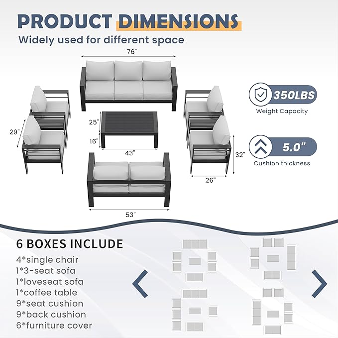 Amopatio Aluminum Patio Furniture Set, 10 Pieces Modern Patio Conversation Sets, Outdoor Sectional Metal Sofa with Coffee Table for Balcony, Garden (Included Waterproof Covers)