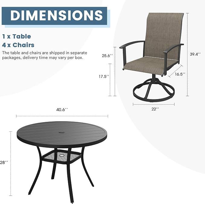 DIFY 5 Pieces Outdoor Dining Set for 4, 40.6" Black Round Metal Table with Umbrella Hole and Brown Textilene Swivel Patio Chairs, Patio Table and Chairs Set for Garden, Backyard, Poolside