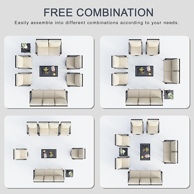 8 Pieces Patio Furniture Set, Metal Outdoor Conversation Sets with Swivel Chairs, Modern Couch Sofa Seating Group with Coffee Table and Side Table (Thick Beige Cushions)