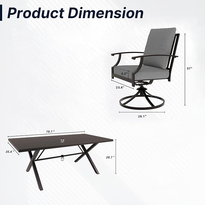 9 PCS Outdoor Patio Dining Set,Patio Table and Chairs Metal Outdoor Patio Furniture Set with Umbrella Hole,Dining Table Set with 8 Swivel Chairs for Deck,Backyard and Garden,Grey