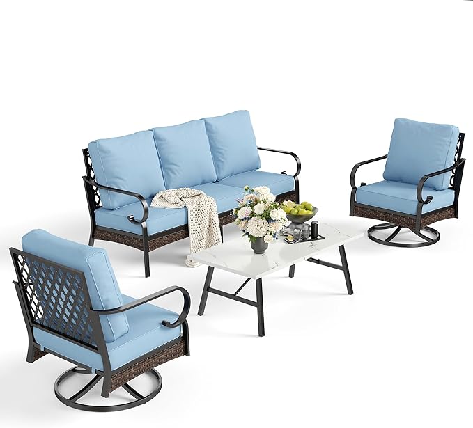 4 PCS Metal Outdoor Patio Furniture Set, Patio Conversation Sets 1 3-Seater Sofa, 2 Swivel Chairs with 5.75" Extra Thick Cushion & Coffee Table, Black Frame Backyard Furniture, Blue