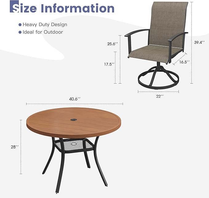 VICLLAX Outdoor Table and Chairs Set for 4, Patio Dining Set of 40.7" Metal Round Patio Table with Umbrella Hole & 4 Swivel Outdoor Dining Chairs for Backyard Lawn, Mixed Brown & Walnut