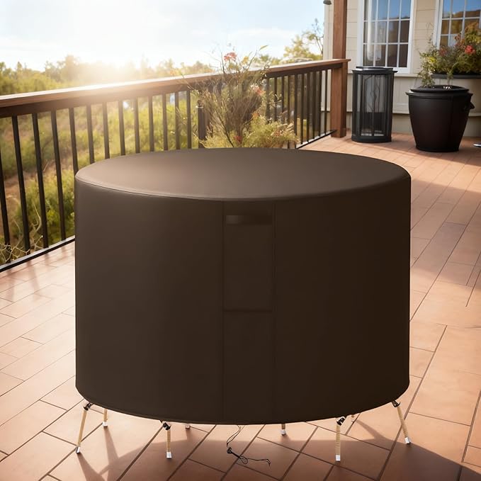 58"(D) x 38"(H) Round Outdoor Furniture Cover, Custom Heavy Duty 420D Waterproof Patio Furniture Cover with Drawstring & Buckles for Table Chair Garden, Coffee