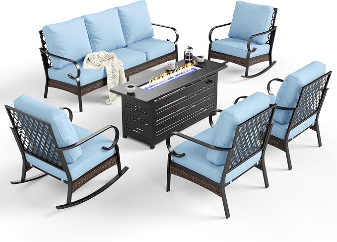 6 Piece Black Metal Outdoor Patio Furniture Sets with Firepit Table, Patio Conversation Sets 1 3-Seater Sofa, 2 Leg Chair and 2 Rocking Chair with 5.75" Cushion for Backyard Deck, Blue