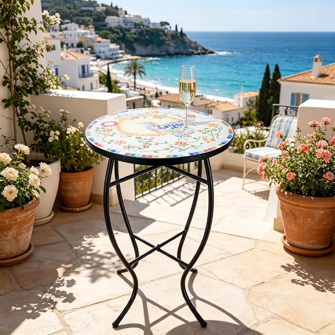 Mosaic Outdoor Side Table Small Round Patio Table Plant Stand | 21" Accent End Table with 14" Ceramic Tile Top for Small Spaces Porch Pool Garden Decor Indoor Living Room Bedroom Balcony