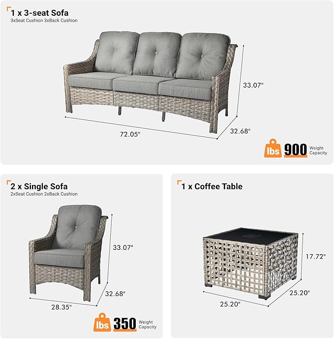 ovios 4 Piece Outdoor Patio Furniture with 3 Seat Sofa,Rattan Wicker Coversation Set with High Back,Sectional Single Sofa with Ottoman for Outside Porch Balcony Backyard Pool, Dark Grey