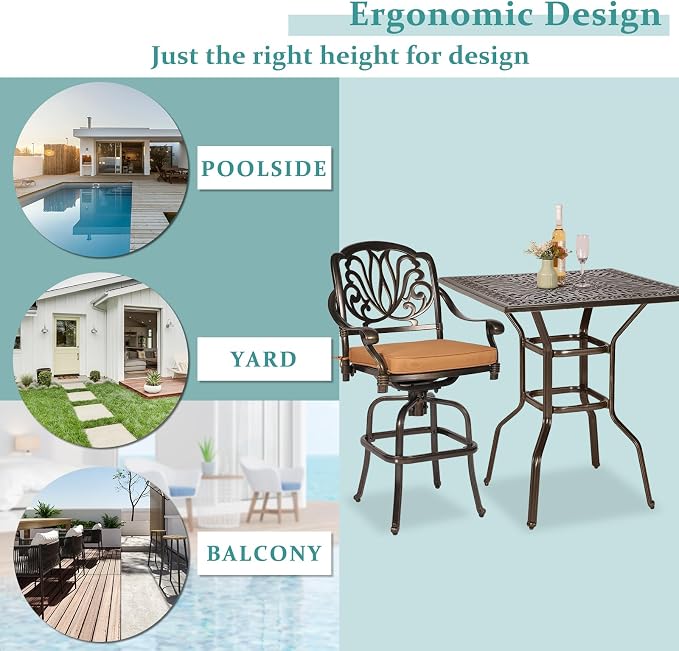 MEETWARM Patio Height Bar Table, 35.4" Bar Height Bistro Table, Outdoor Cast Aluminum Bistro Square High Top Dining Table with 2.2" Umbrella Hole for Garden Deck Backyard, Dark Bronze
