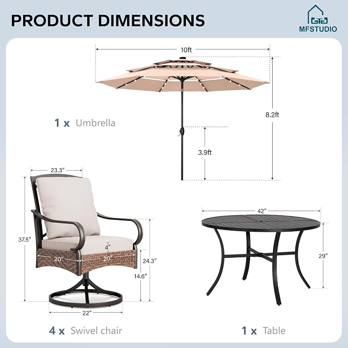 MFSTUDIO Patio Table and Chairs Set of 6, Patio Dining Set with Umbrella, Outdoor Dining Set for 4, Round Metal Dining Table with Swivel Chairs, 6 Pieces Outdoor Furniture Set for 4 with Umbrella