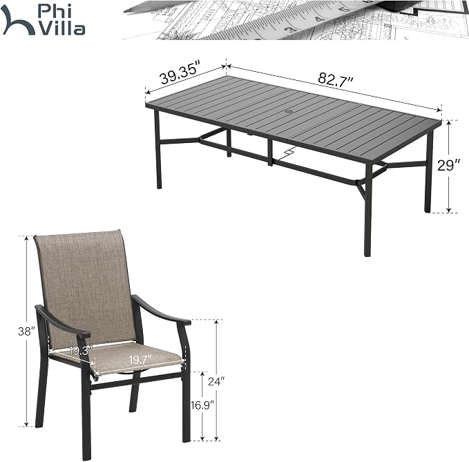 PHI VILLA Patio Dining Set for 8 w/Metal Table & Textilene Chairs | 9 piece, Rectangle, Weather-resistant, Breathable & quick-drying, Umbrella hole, for patio deck backyard
