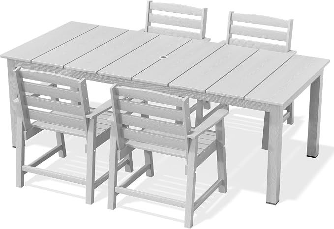 AreShark 5-Piece Outdoor Dining Set,HDPE Patio Table with 4 Chairs,All-Weather Patio Furniture Set with Umbrella Hole,Low Maintenance Wood Grain Dining Set for Backyard,Garden,Poolside,White