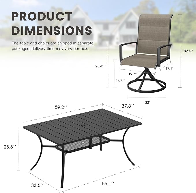 Outdoor Dining Set for 6, 59.2" Outdoor Dining Table with Umbrella Hole and Padded Textilene Patio Swivel Chairs, 7 Pieces Patio Table and Chairs Set for Garden Backyard, Mixed Brown and Black