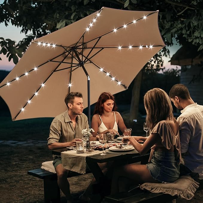 DUMOS LED Outdoor Patio Umbrella 10 FT UV-Resistant Market Umbrella with Tilt Adjustment & Crank Lift, All-Weather Shade for Backyard, Deck, Garden, Beach