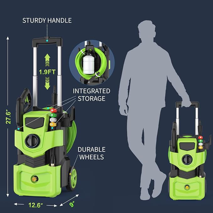 Pressure Washer 5000 PSI Adjustable Pressure, Power Washer Powered with 33ft Pressure Hose, 4 Nozzles and 500ml Foam Cannon, Powerwashers for Home, Green