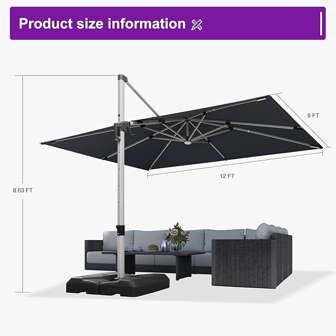 PURPLE LEAF Patio Umbrella with Base 9' X 12' Outdoor Rectangle Cantilever Umbrella Solar Powered LED with 360-degree Rotation for Garden Deck Pool Patio, Grey