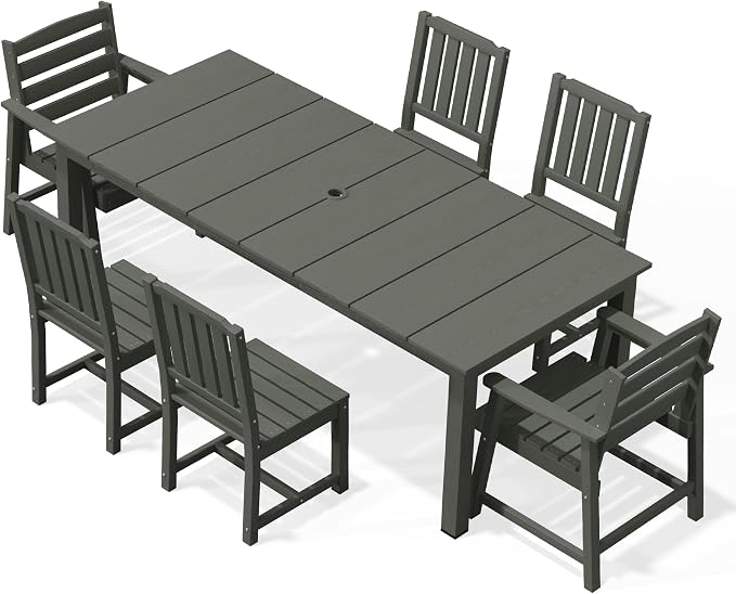 AreShark 7-Piece Outdoor Dining Set,HDPE Patio Table with 6 Chairs,All-Weather Patio Furniture Set with Umbrella Hole,Low Maintenance Wood Grain Dining Set for Backyard,Garden,Poolside,Gray