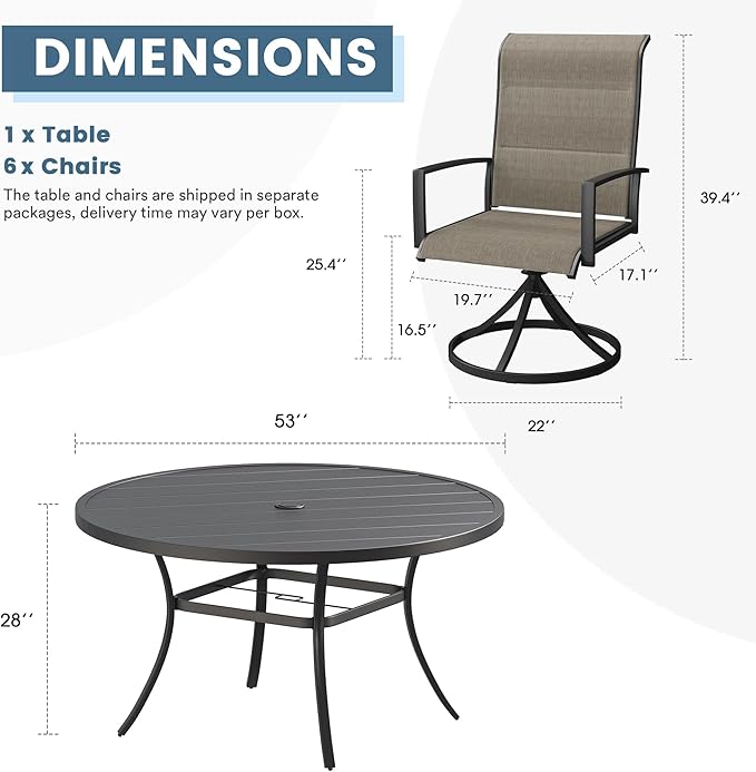 DIFY 7 Pieces Outdoor Patio Dining Set, 6 Brown Padded Textilene Swivel Dining Chairs and 53" Black Round Metal Dining Table, Outdoor Table and Chairs for Poolside Backyard Deck