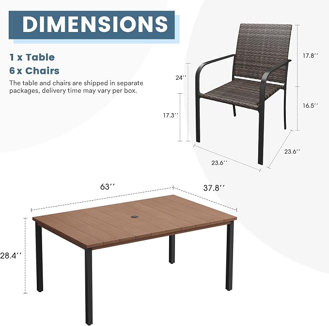 DIFY 7 Piece Outdoor Dining Set for 6, 63" Walnut Rectangle Metal Dining Table with Umbrella Hole and Stackable Wicker Patio Chairs, All-Weather Patio Table and Chairs Set for Deck Garden Backyard
