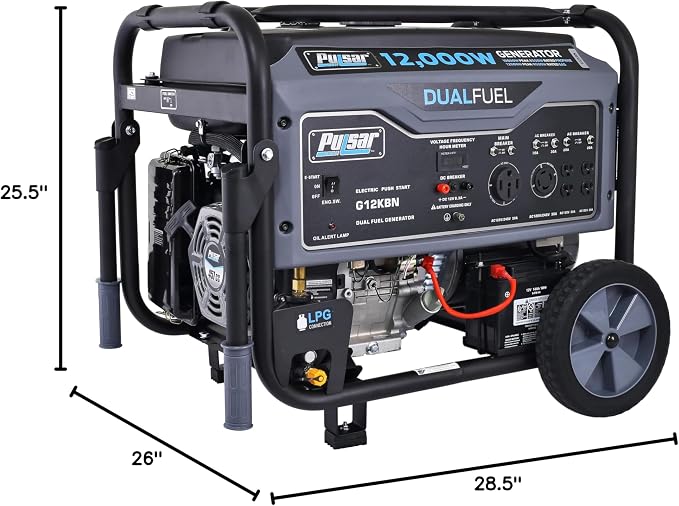Pulsar G12KBN-SG Heavy Duty Portable Dual Fuel Generator - 9500 Rated Watts & 12000 Peak Watts - Gas & LPG - Electric Start - Transfer Switch & RV Ready - CARB Compliant